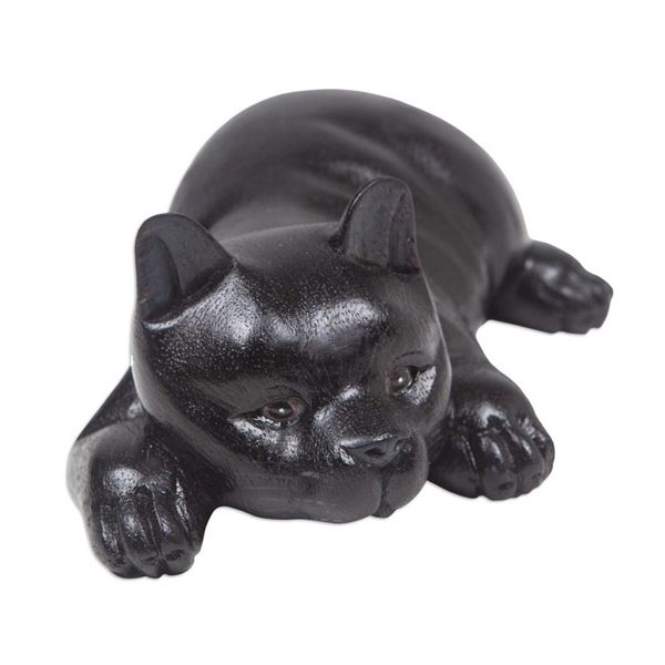 Alternate image for Hand-Carved Black Suar Wood Sculpture of a Sleepy Puppy Sleepy Paws