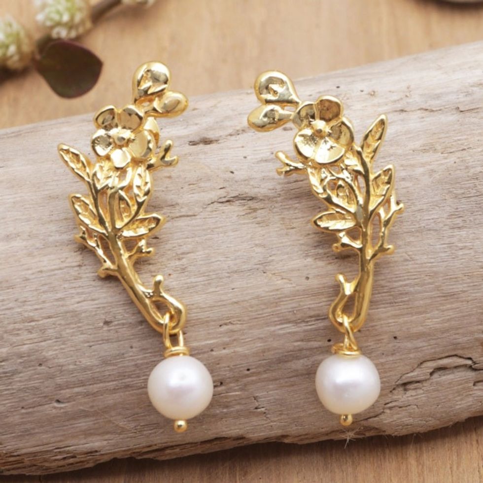 18k Gold-Plated Floral Dangle Earrings with Cultured Pearls 'Spring Plumeria'