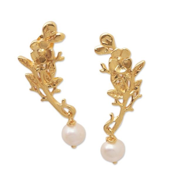 Alternate image for 18k Gold-Plated Floral Dangle Earrings with Cultured Pearls Spring Plumeria