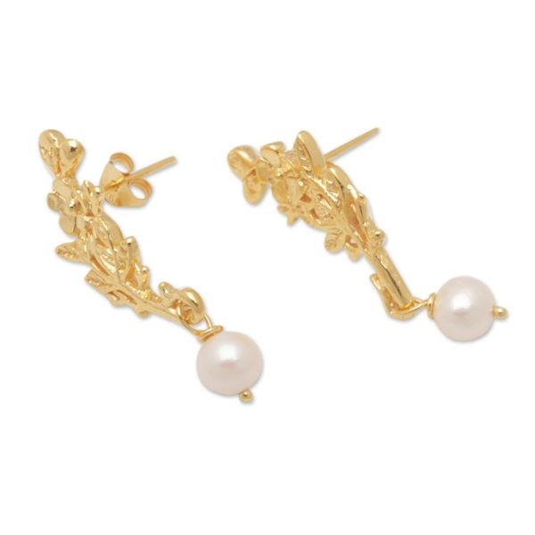 Alternate image for 18k Gold-Plated Floral Dangle Earrings with Cultured Pearls Spring Plumeria