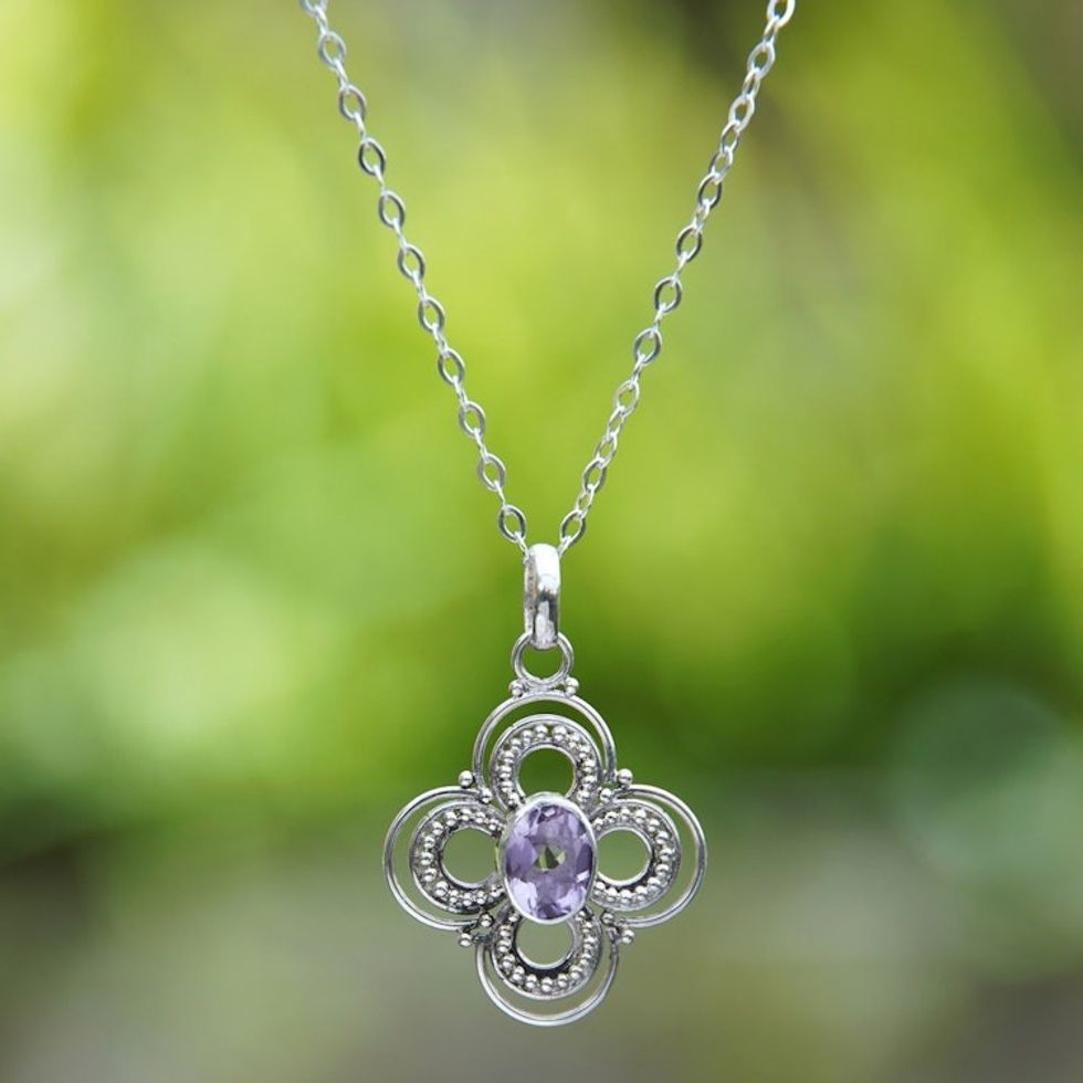 Floral Sterling Silver Pendant Necklace with Amethyst Stone 'Bouquet Glam'