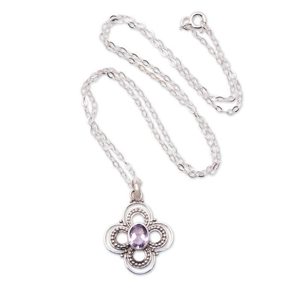 Alternate image for Floral Sterling Silver Pendant Necklace with Amethyst Stone Bouquet Glam