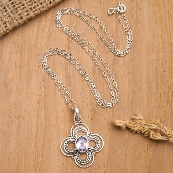 Alternate image for Floral Sterling Silver Pendant Necklace with Amethyst Stone Bouquet Glam