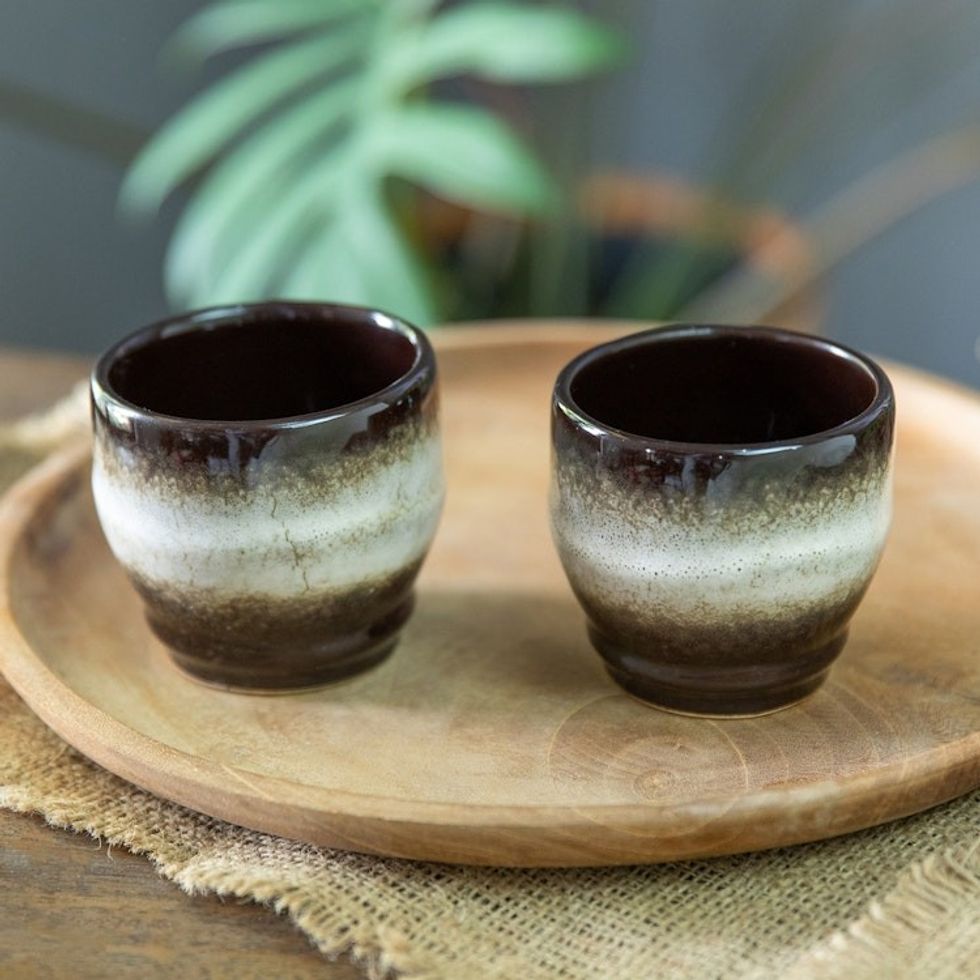 Set of 2 Handcrafted Brown and White Ceramic Cups from Bali 'Serene Flavors'