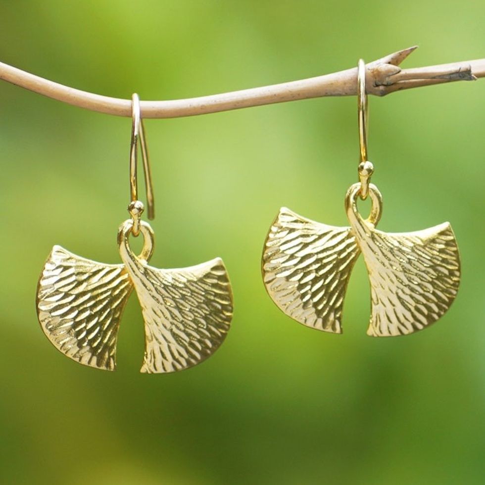 Hammered 18k Gold-Plated Brass Dangle Earrings from Bali 'Golden Maiden'