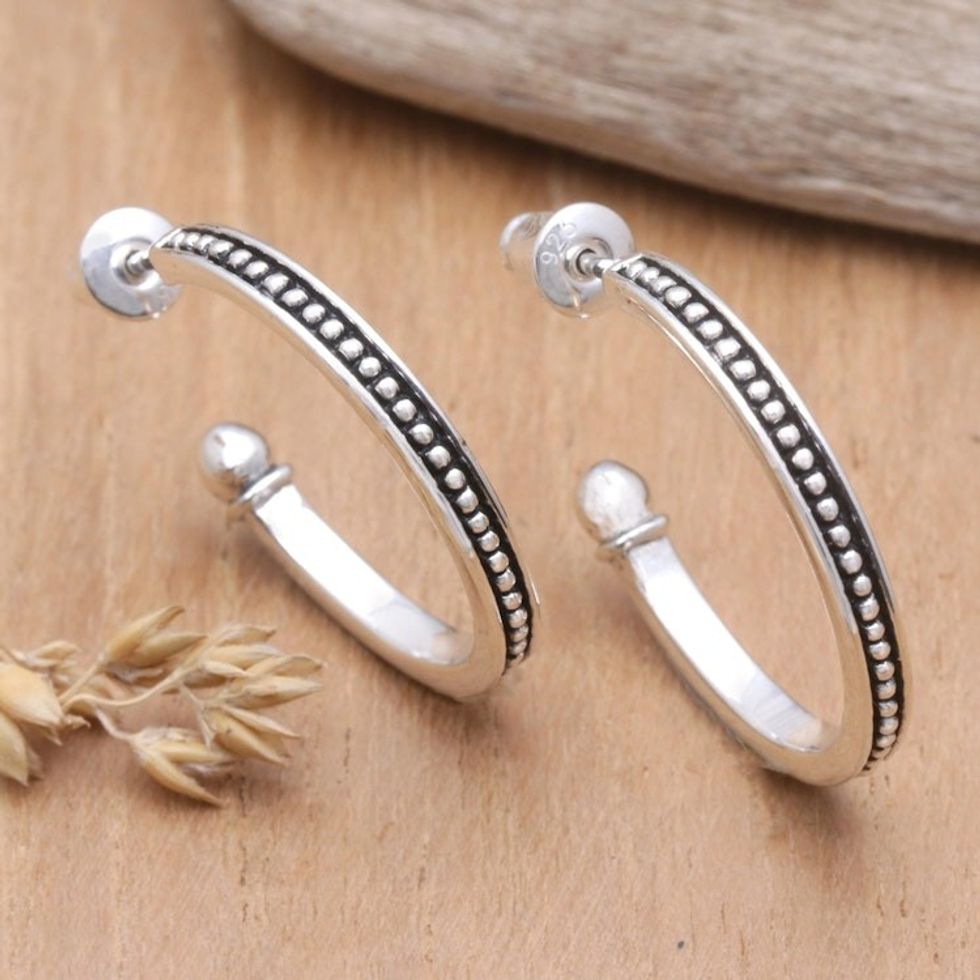 Sterling Silver Half-Hoop Earrings with Dotted Pattern 'Dotted Curves'