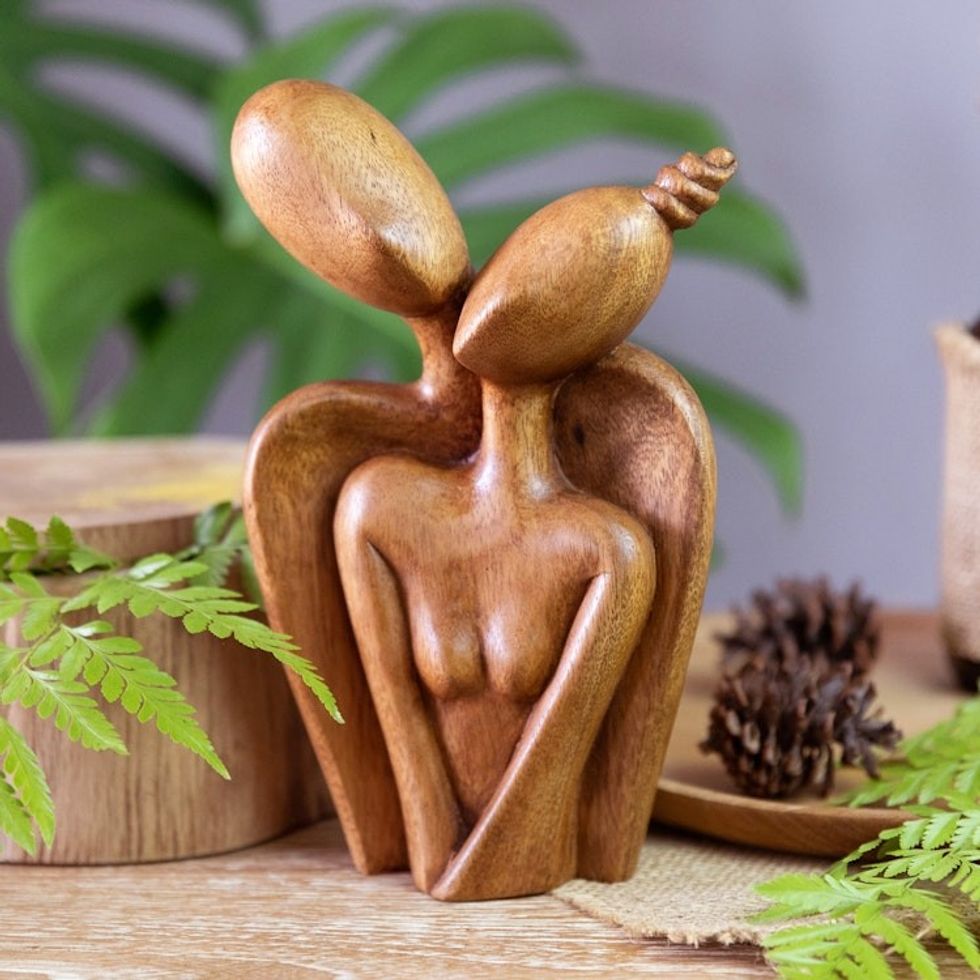 Abstract Wood Sculpture of Couple Hand-Carved in Bali 'Sending my Love to You'