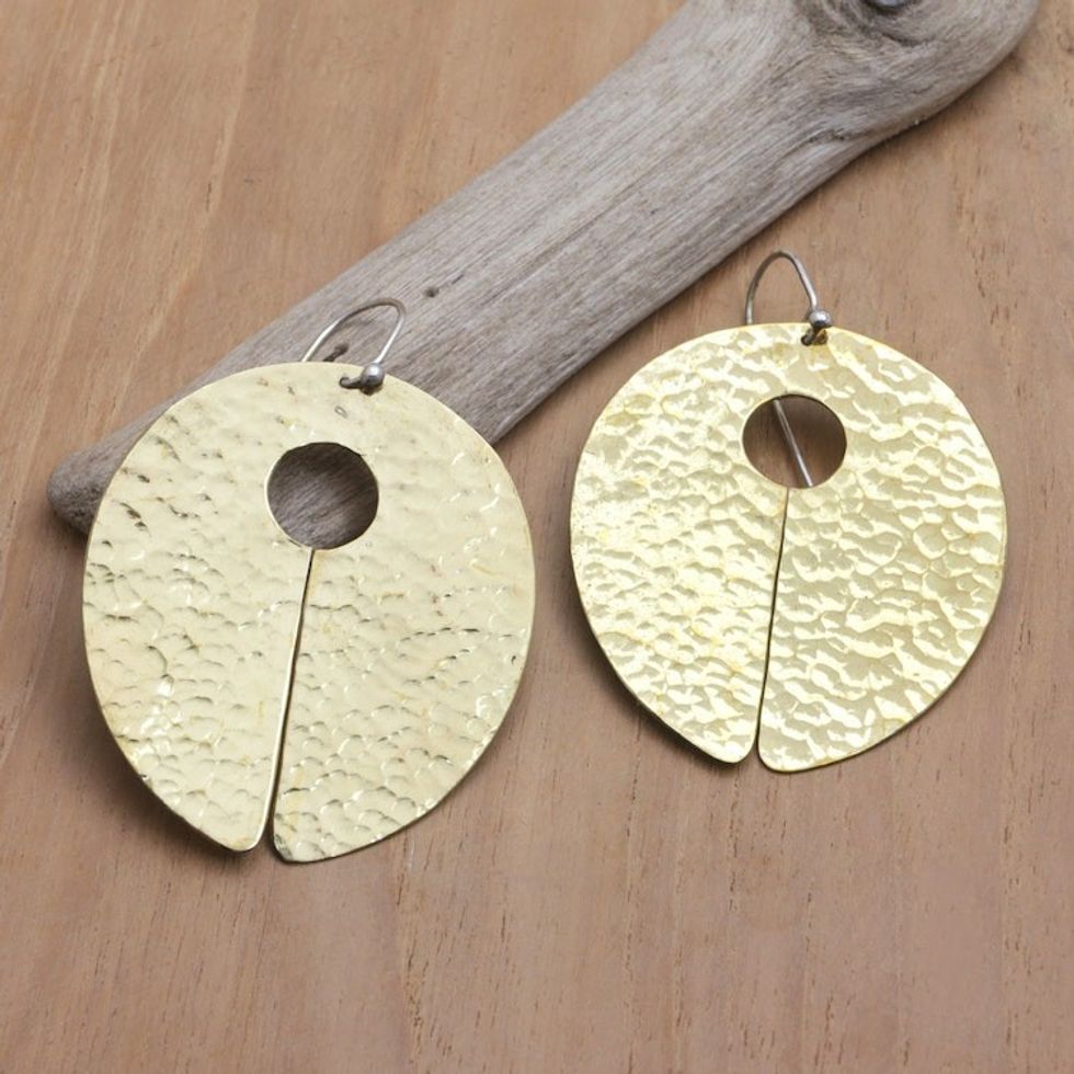 Hammered Finish Brass Dangle Earrings Crafted in Bali 'Metallic Lady'