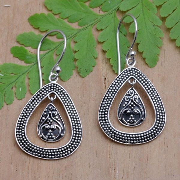Alternate image for Sterling Silver Dangle Earrings with Classic Balinese Motifs Classic Speckles