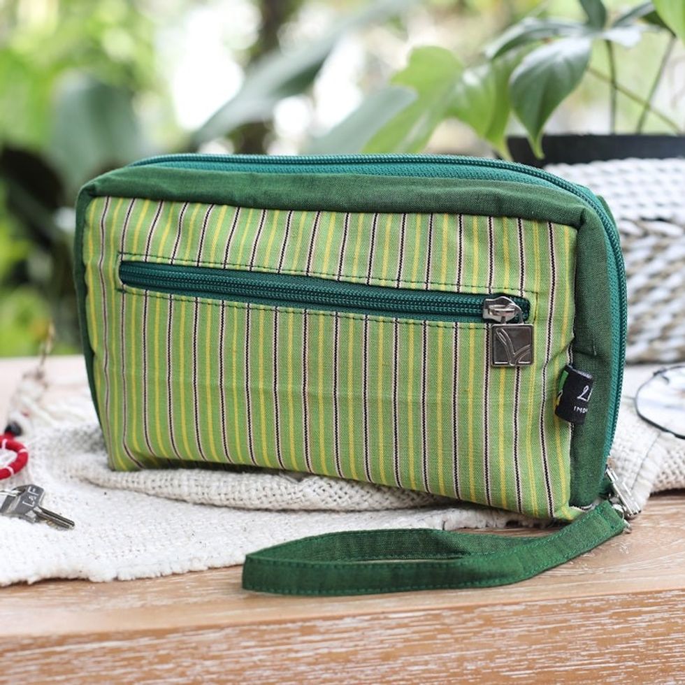 Multi-Pocket Striped Green Wristlet Bag Crafted from Cotton 'Versatile Green'