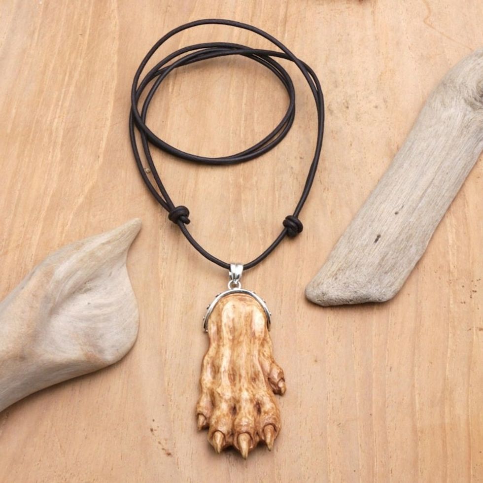 Men's Bone Leather 925 Silver Wolf Hand Pendant Necklace 'Wolf Hand'