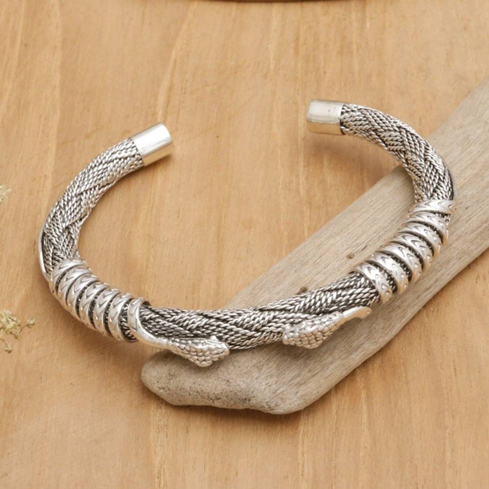 Men's Sterling Silver Bohemian Snake Cuff Bracelet from Bali 'Woven Cobra'