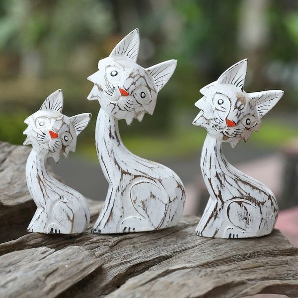 Alternate image for Set of 3 Handmade White and Red Albesia Wood Cat Statuettes Feline Noses