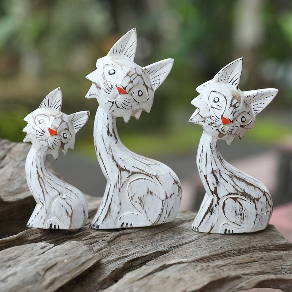 Set of 3 Handmade White and Red Albesia Wood Cat Statuettes 'Feline Noses'