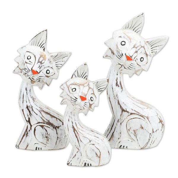 Alternate image for Set of 3 Handmade White and Red Albesia Wood Cat Statuettes Feline Noses