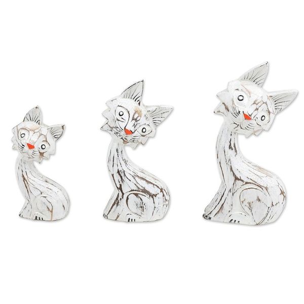 Alternate image for Set of 3 Handmade White and Red Albesia Wood Cat Statuettes Feline Noses