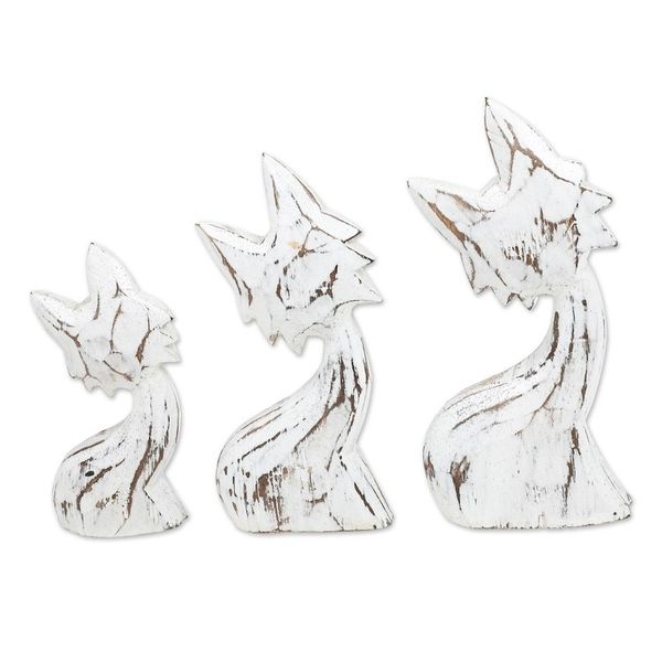 Alternate image for Set of 3 Handmade White and Red Albesia Wood Cat Statuettes Feline Noses