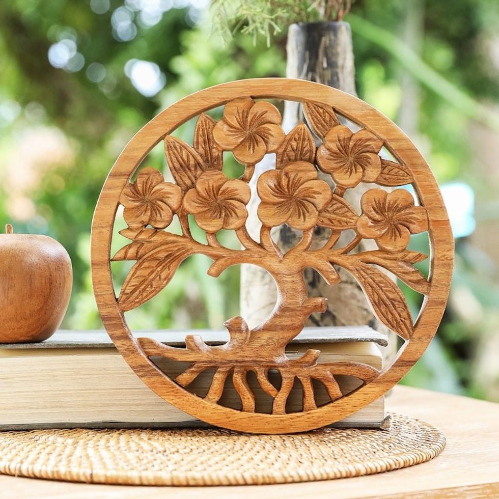 Hand-Carved Suar Wood Relief Panel of Tree and Flowers 'Frangipani Spring'