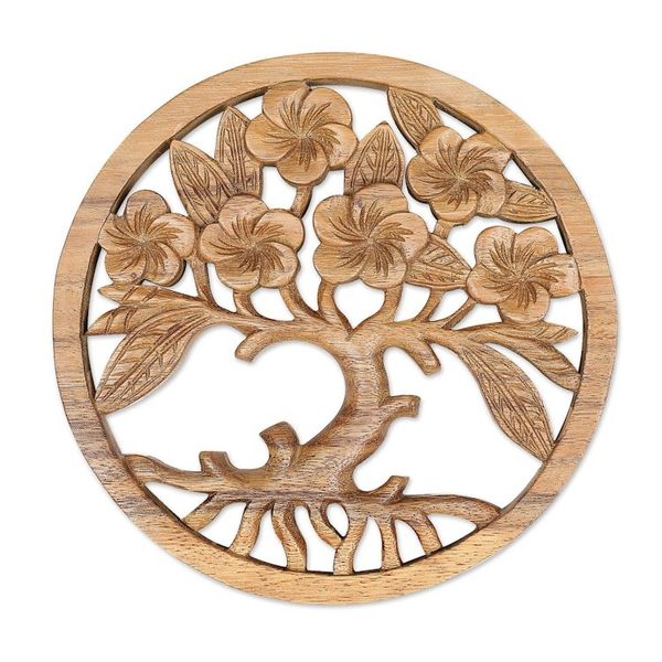 Alternate image for Hand-Carved Suar Wood Relief Panel of Tree and Flowers Frangipani Spring