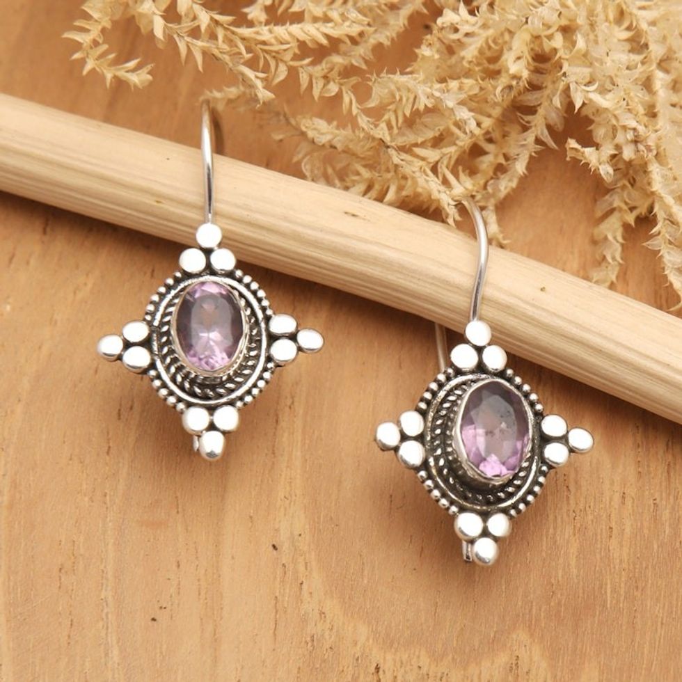 Star-Themed Oval Amethyst Drop Earrings from Bali 'Heavenly Wisdom'