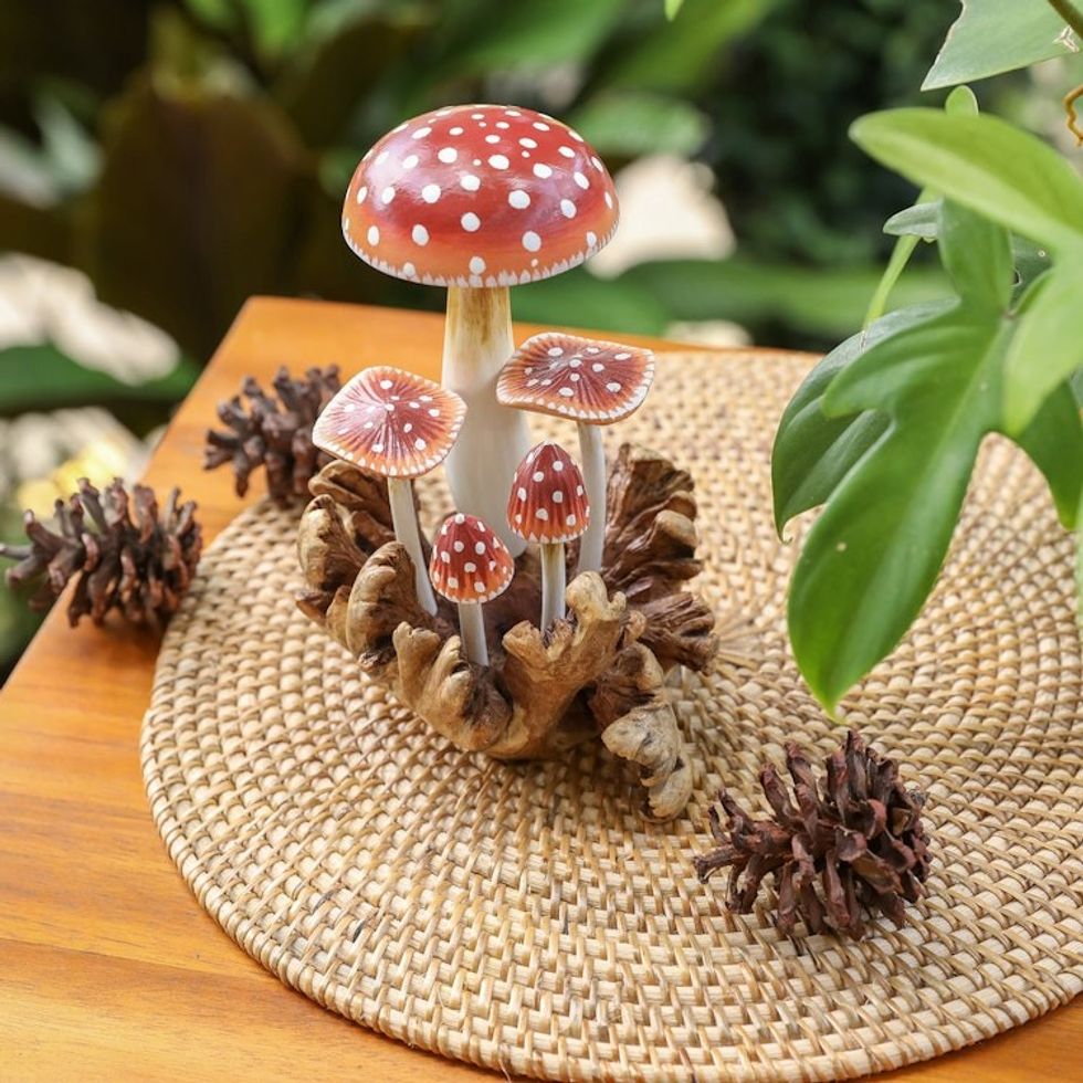 Jempinis and Benalu Wood Mushroom Sculpture in Warm Hues 'Adorable Nature'