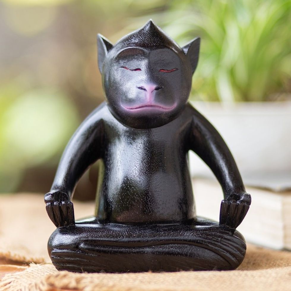 Handmade Black Suar Wood Monkey Statuette from Bali 'Joyous Master at Night'