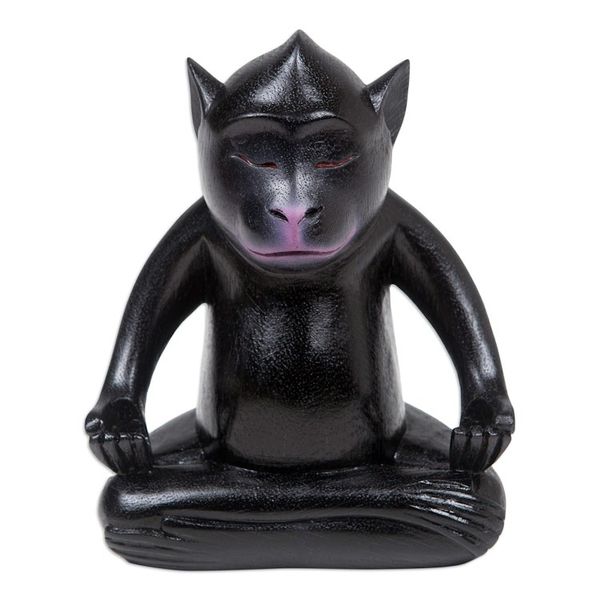Alternate image for Handmade Black Suar Wood Monkey Statuette from Bali Joyous Master at Night