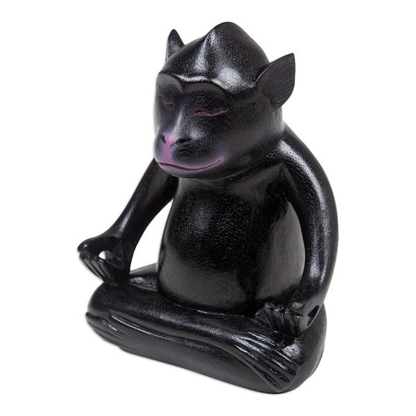 Alternate image for Handmade Black Suar Wood Monkey Statuette from Bali Joyous Master at Night