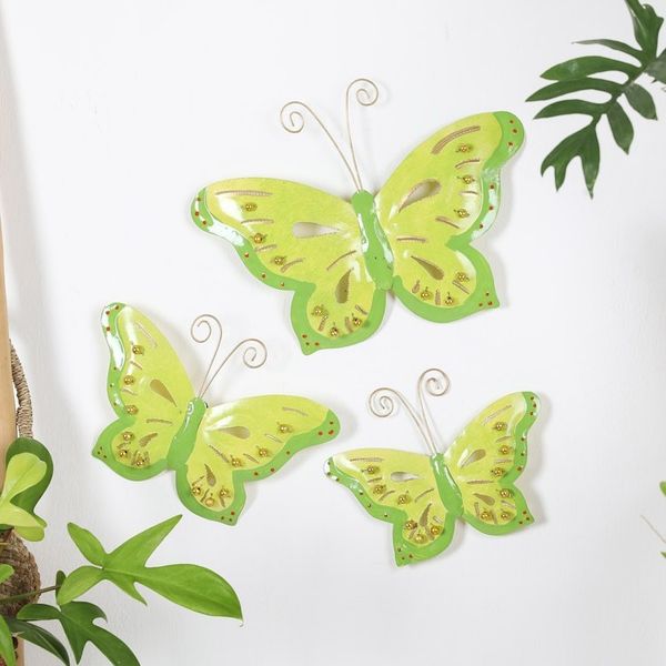 Alternate image for Set of 3 Green Iron and Plastic Beaded Wall Art Butterflies Green Fairytale