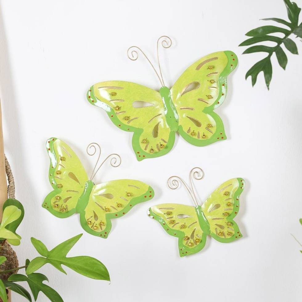 Set of 3 Green Iron and Plastic Beaded Wall Art Butterflies 'Green Fairytale'
