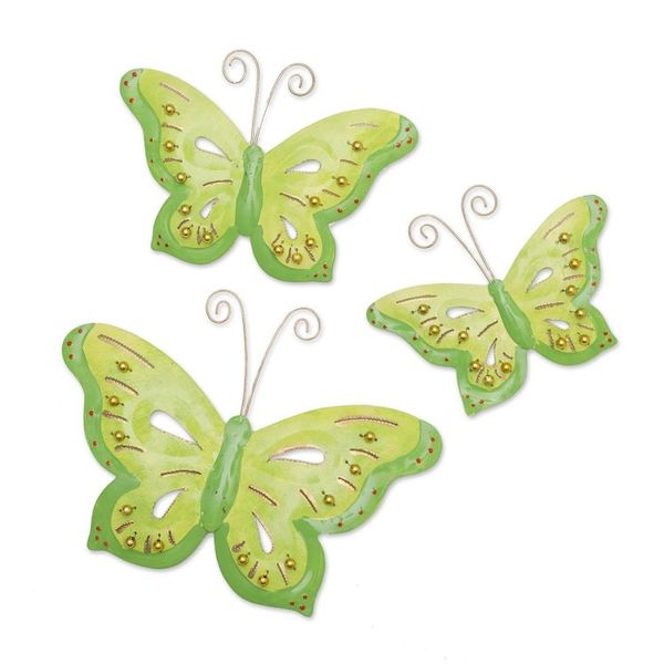 Alternate image for Set of 3 Green Iron and Plastic Beaded Wall Art Butterflies Green Fairytale