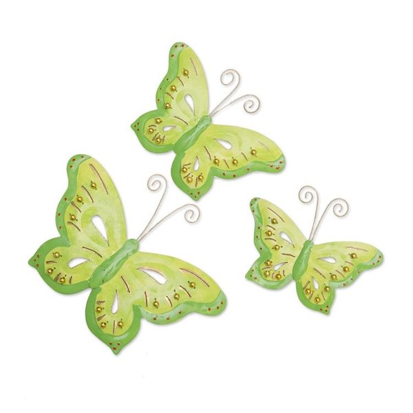 Alternate image for Set of 3 Green Iron and Plastic Beaded Wall Art Butterflies Green Fairytale