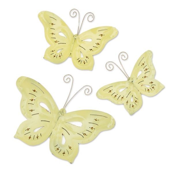 Alternate image for Set of 3 Green Iron and Plastic Beaded Wall Art Butterflies Green Fairytale