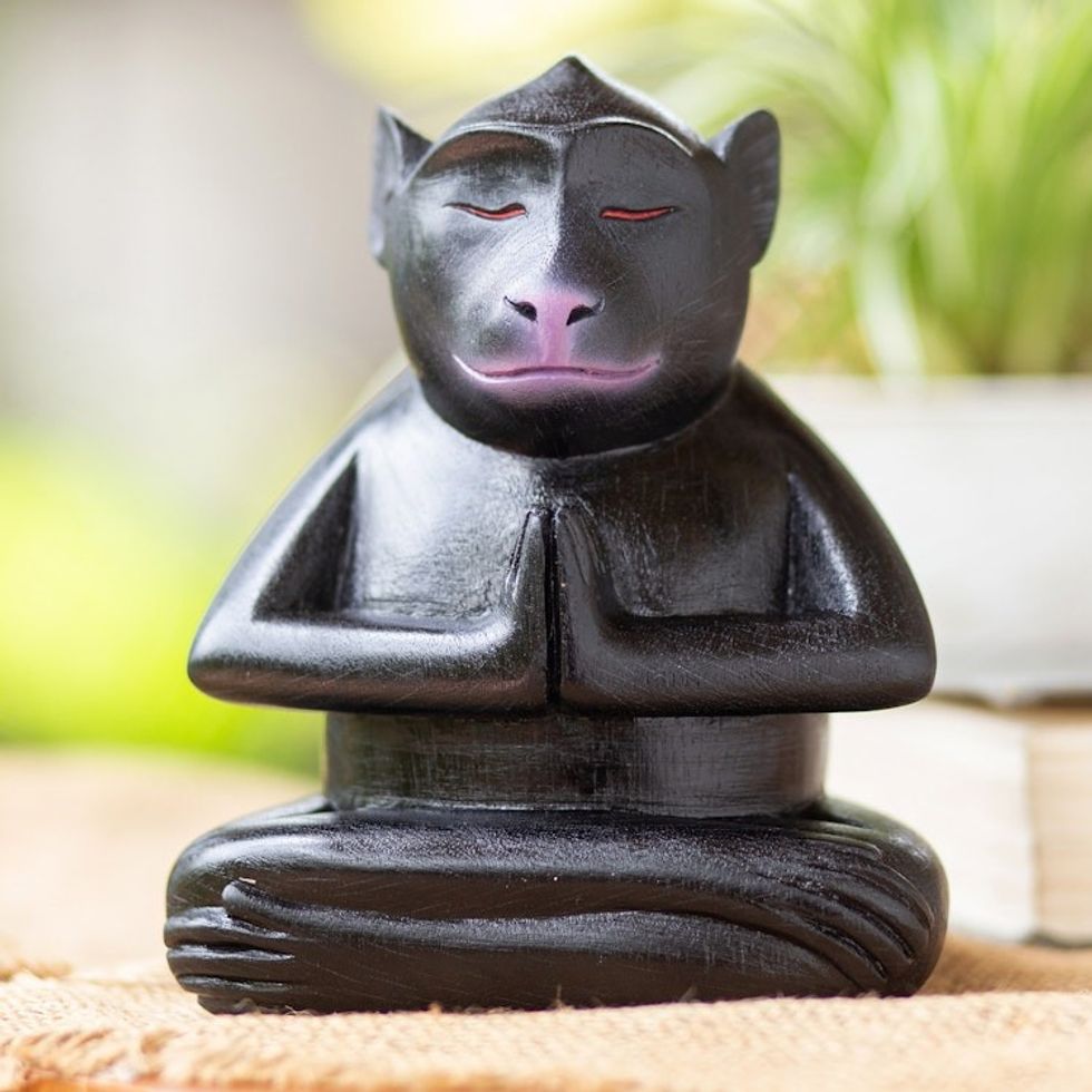 Handcrafted Black Suar Wood Monkey Statuette from Bali 'Joyous Apprentice at Night'