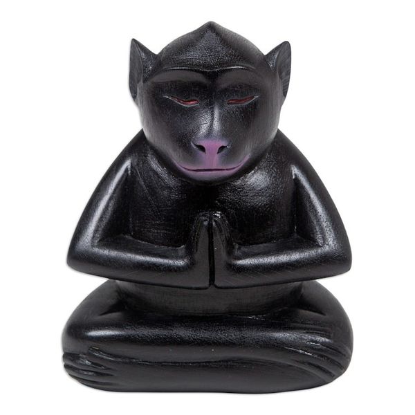 Alternate image for Handcrafted Black Suar Wood Monkey Statuette from Bali Joyous Apprentice at Night
