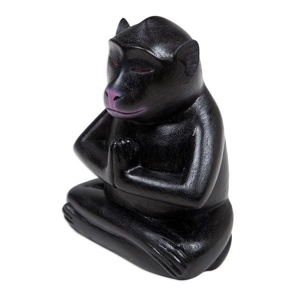 Alternate image for Handcrafted Black Suar Wood Monkey Statuette from Bali Joyous Apprentice at Night