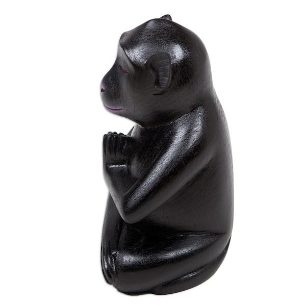 Alternate image for Handcrafted Black Suar Wood Monkey Statuette from Bali Joyous Apprentice at Night