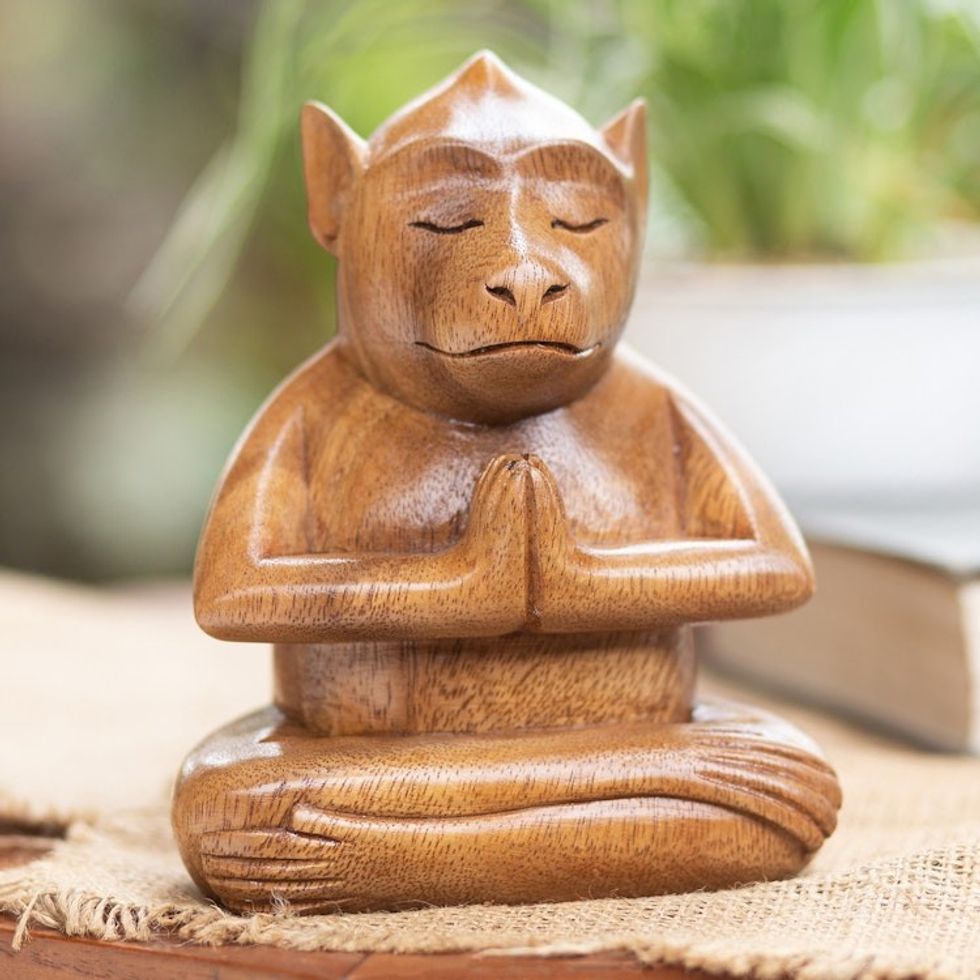 Handcrafted Brown Suar Wood Monkey Statuette from Bali 'Joyous Apprentice'