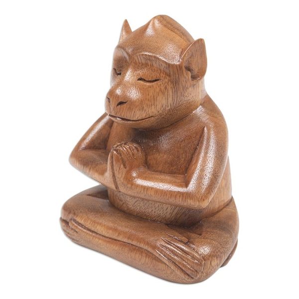 Alternate image for Handcrafted Brown Suar Wood Monkey Statuette from Bali Joyous Apprentice