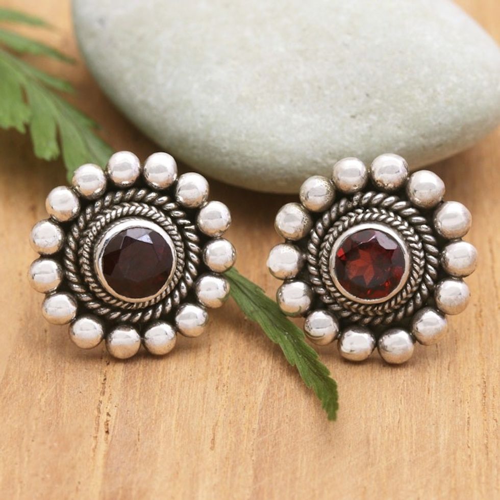 Sterling Silver and Garnet Floral Drop Earrings from Bali 'Heavenly Flower in Red'
