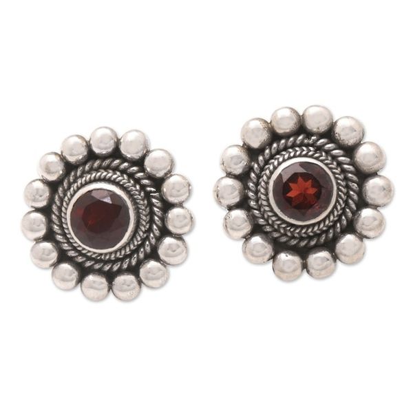 Alternate image for Sterling Silver and Garnet Floral Drop Earrings from Bali Heavenly Flower in Red