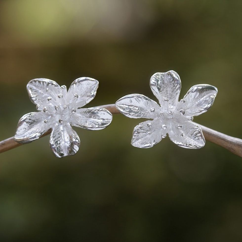 Sterling Silver Floral Button Earrings Crafted in Bali 'Snowy Garden'