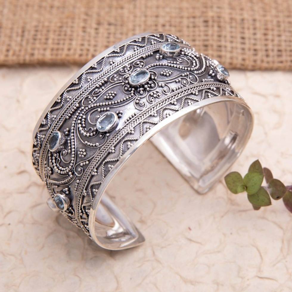 Traditional Cuff Bracelet with Three-Carat Blue Topaz Stones 'Loyal Journey'