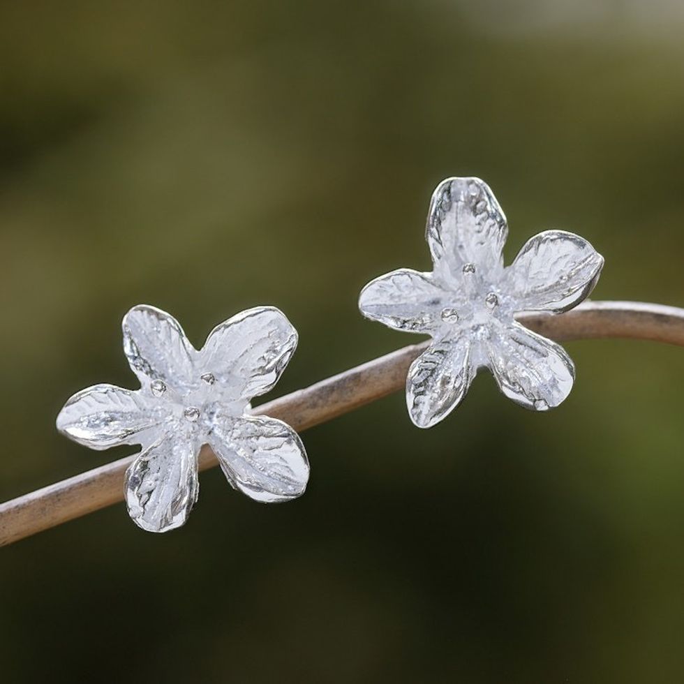 Sterling Silver Lily Button Earrings Crafted in Bali 'Winter Lilies'