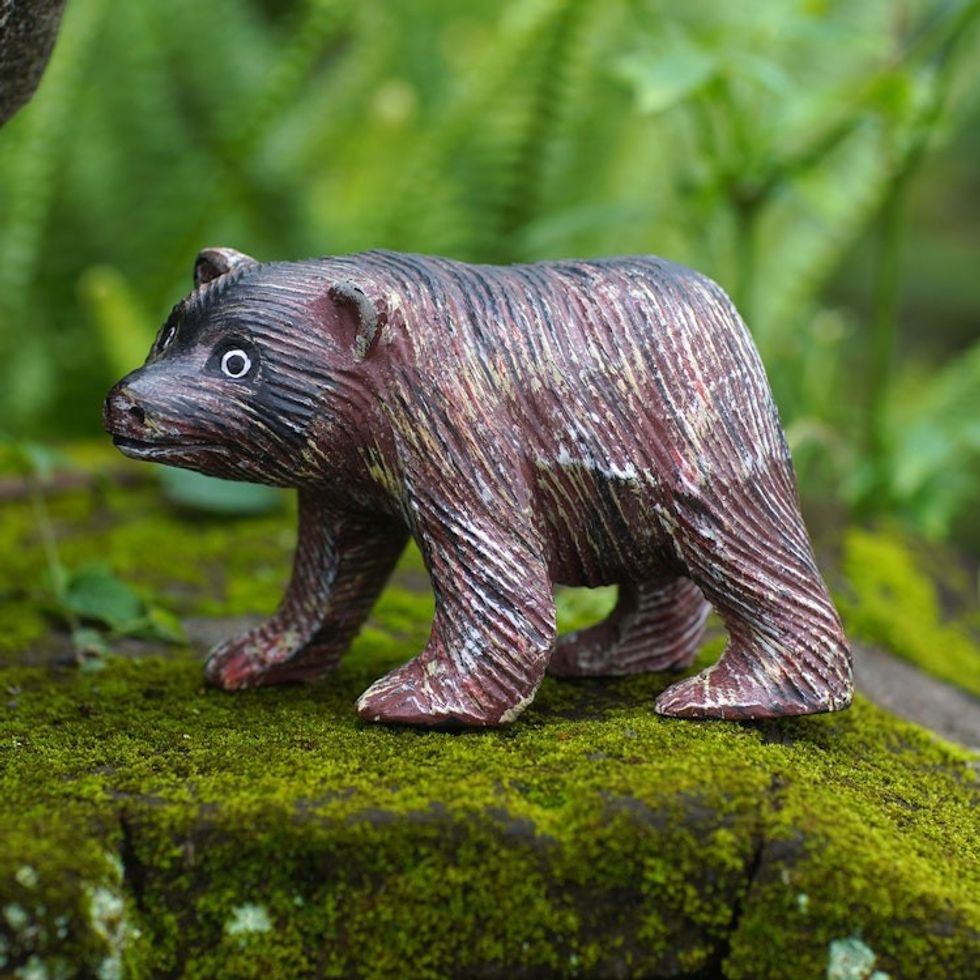 Hand-Carved Brown Suar Wood Sculpture of a Bear 'Courageous Growl'