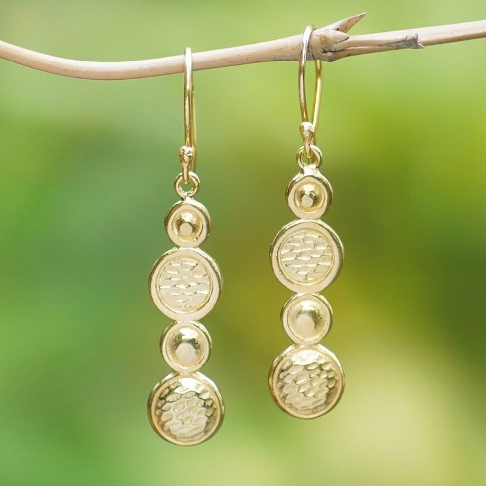 Modern 18k Gold-Plated Brass Dangle Earrings from Bali 'Golden Galaxies'