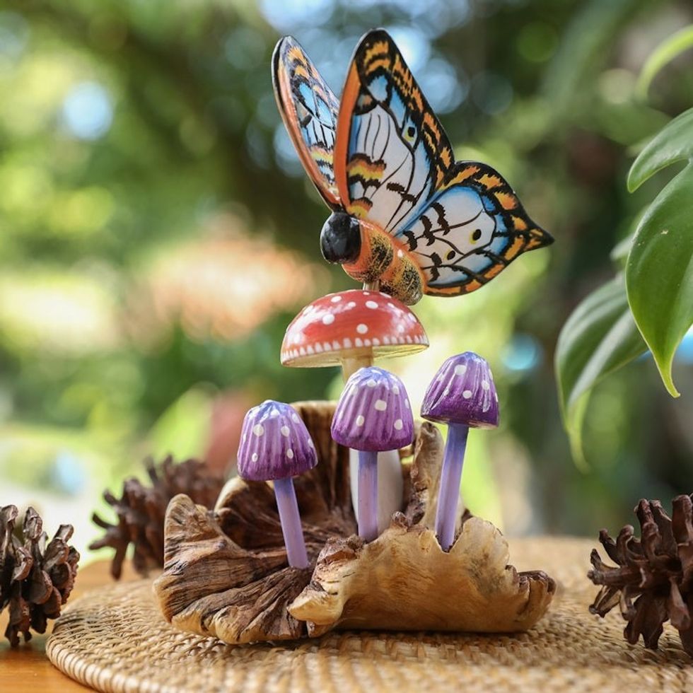 Hand-Painted Wood Sculpture of Butterfly and Mushrooms 'Butterfly Realm'