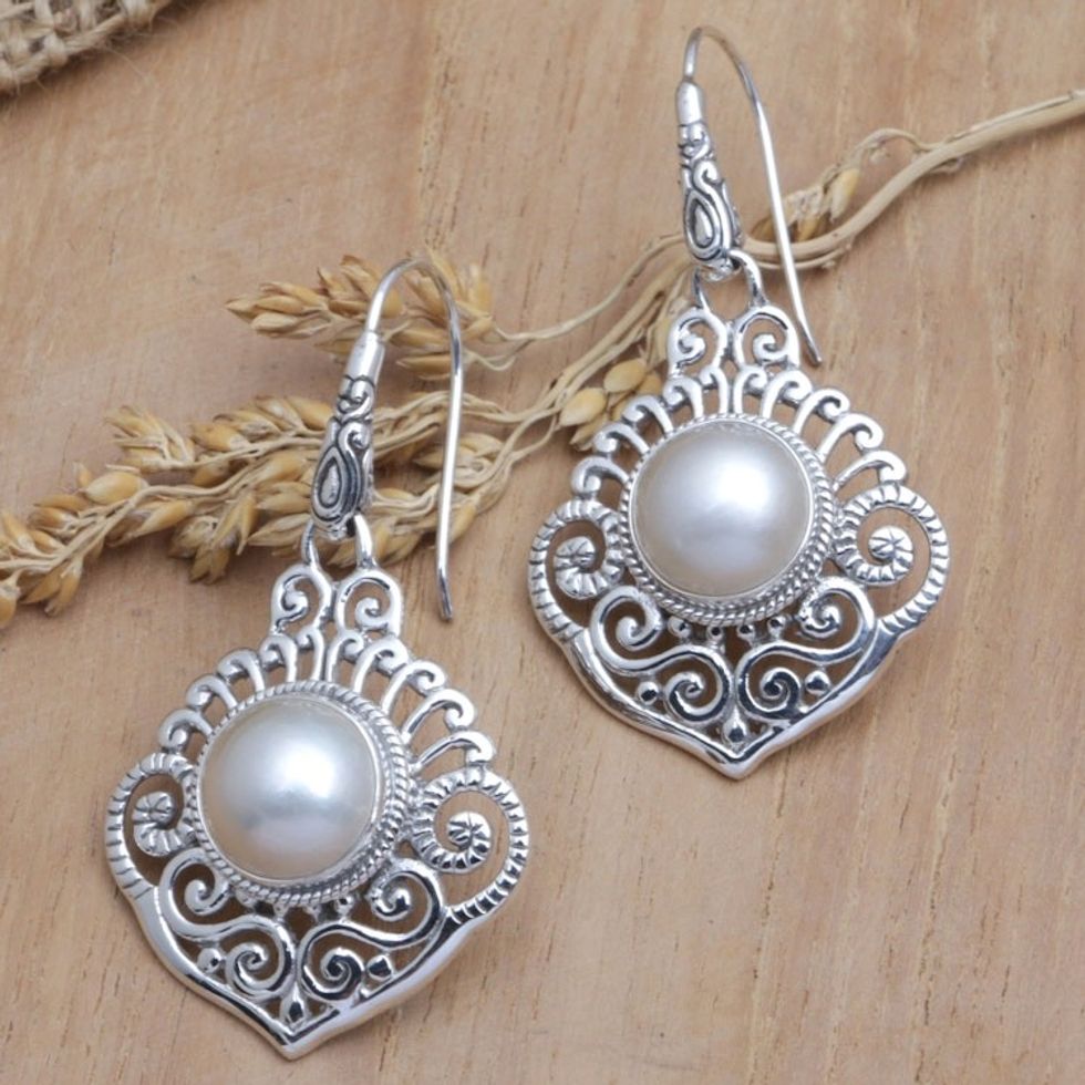 Sterling Silver Dangle Earrings with White Pearls from Bali 'Pearly Caresses'
