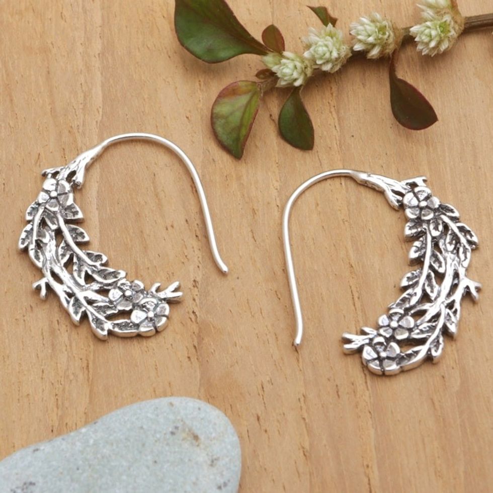 Polished Sterling Silver Floral and Leafy Drop Earrings 'Tropical Aura'