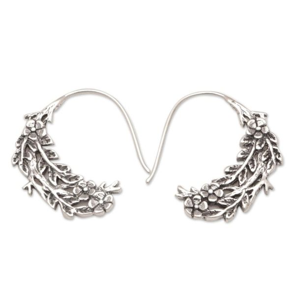 Alternate image for Polished Sterling Silver Floral and Leafy Drop Earrings Tropical Aura
